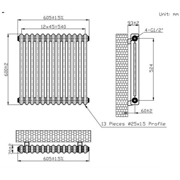 Eastbrook Imperia 2 Column Radiator Bare Metal - Image 8