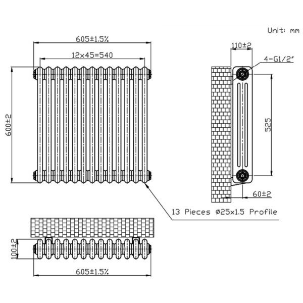 Eastbrook Imperia 3 Column Radiator Bare Metal - Image 8