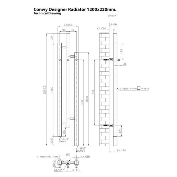 Eastbrook Conwy Designer Radiator 1200mm x 260mm Matt White - Image 2