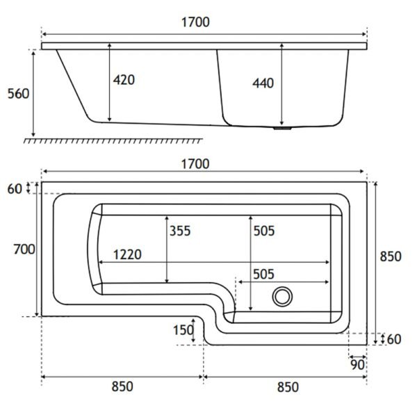 Eastbrook Portland L-Shaped Shower Bath White - Image 9