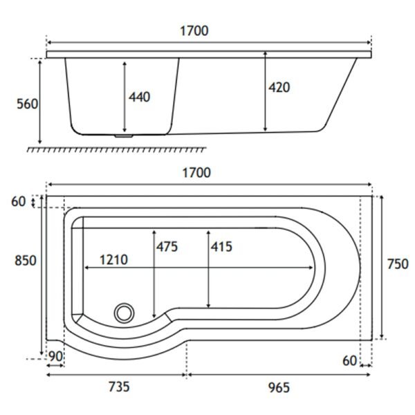 Eastbrook Portland P-Shaped Shower Bath White - Image 8