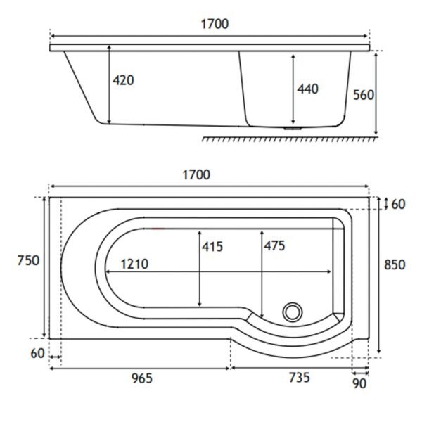 Eastbrook Portland P-Shaped Shower Bath White - Image 9