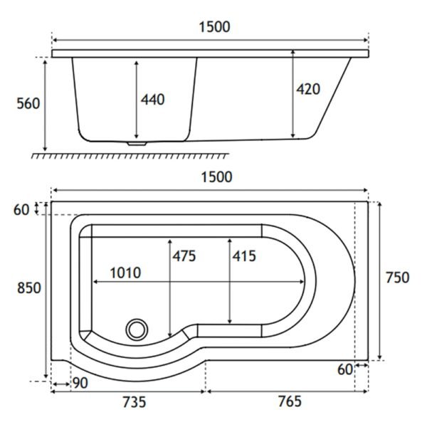 Eastbrook Portland P-Shaped Shower Bath White - Image 4