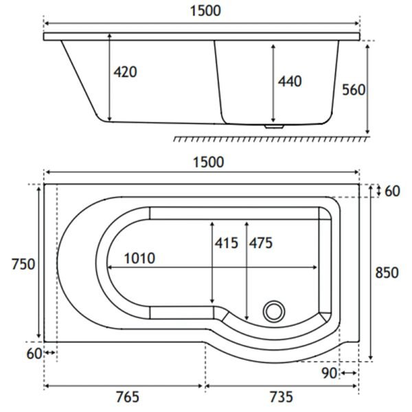 Eastbrook Portland P-Shaped Shower Bath White - Image 5