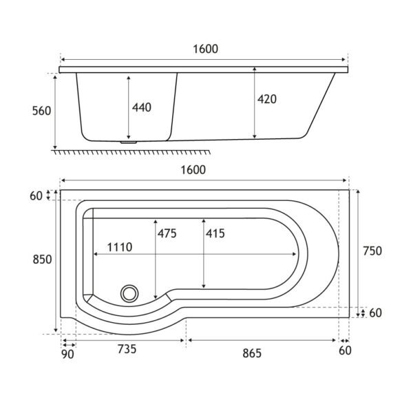 Eastbrook Portland P-Shaped Shower Bath White - Image 6