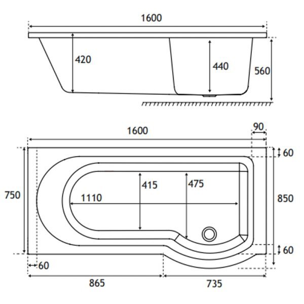 Eastbrook Portland P-Shaped Shower Bath White - Image 7