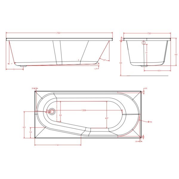 Eastbrook Fitzroy Rectangular Single Ended Bath 1700mm x 750mm No TH White - Image 2
