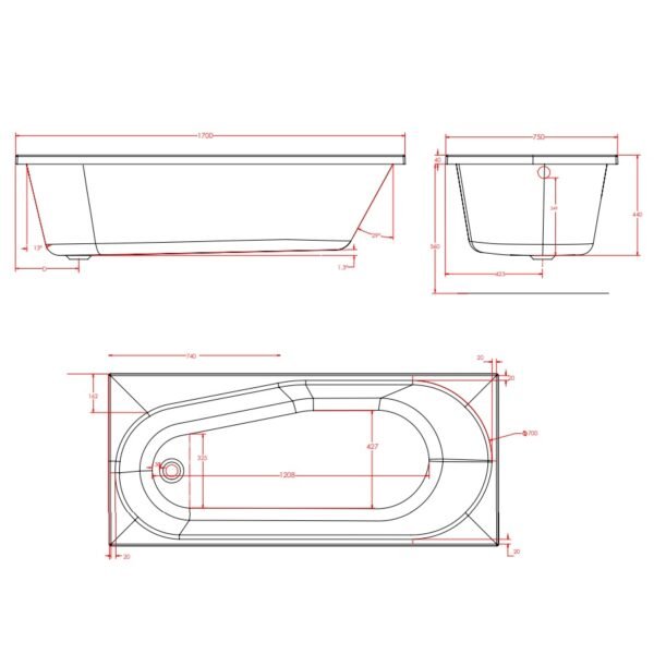 Eastbrook Fitzroy Rectangular Single Ended Bath 1700mm x 750mm No TH White - Image 3