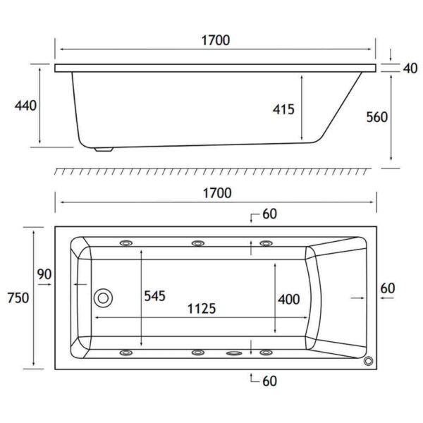 Eastbrook Portland Beauforte Single Ended Whirlpool Bath 1700mm x 750mm 6 Jet White - Image 2
