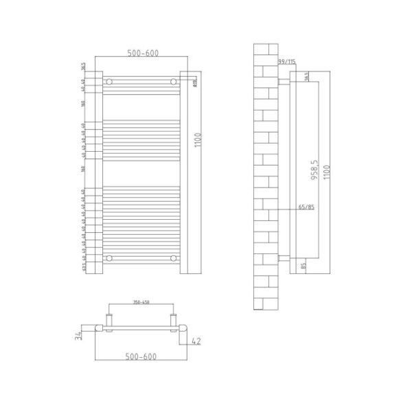 Eastbrook Biava Dry Element Electric Towel Rail Wide Integrated Button 1100mm x 500mm Chrome - Image 4