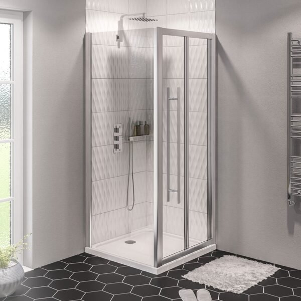 Eastbrook Vantage Easy Clean Bifold Shower Door With Side Panel And Towel Rail 6mm Glass Silver