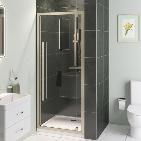 Eastbrook Vantage Easy Clean Pivot Shower Door With Side Panel 6mm Glass Brushed Brass
