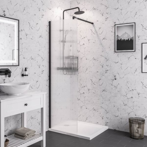 Eastbrook Vantage Fluted Walk-In Wetroom Glass Panel 8mm Glass Matt Black