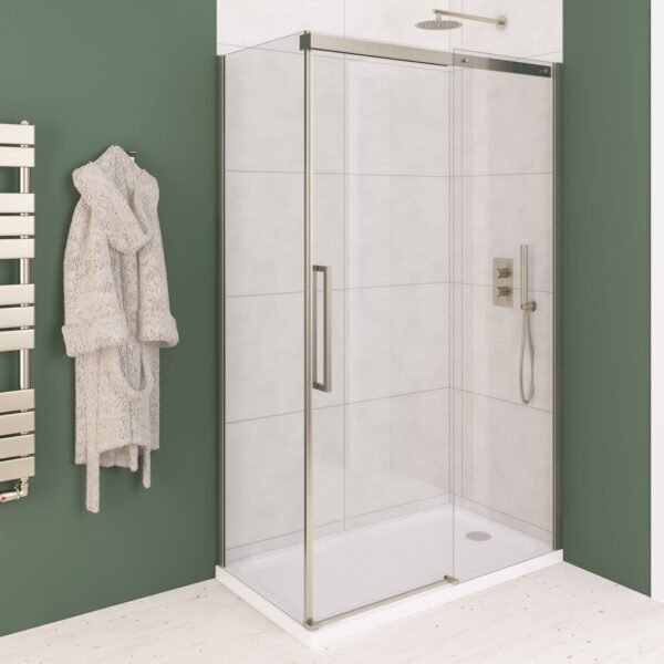 Eastbrook Corniche Semi Frameless Recessed Sliding Shower Door 8mm Glass Brushed Brass - Image 2