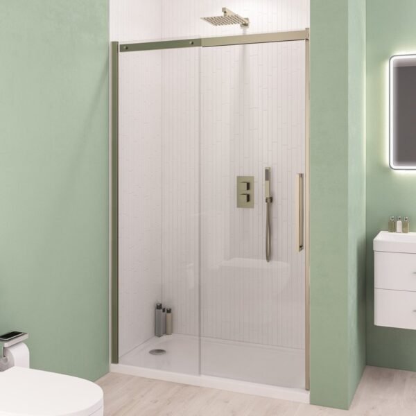 Eastbrook Corniche Semi Frameless Recessed Sliding Shower Door 8mm Glass Brushed Brass