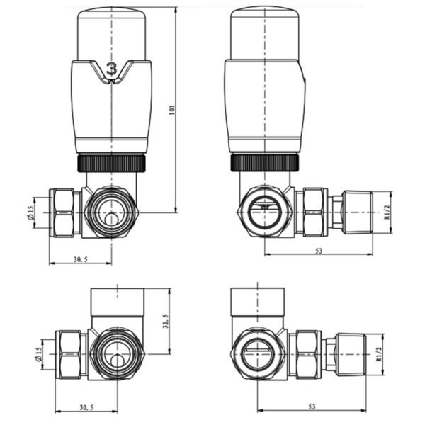 Eastbrook Thermostatic Corner Radiator Valves Pair With Lock Shield - Image 3