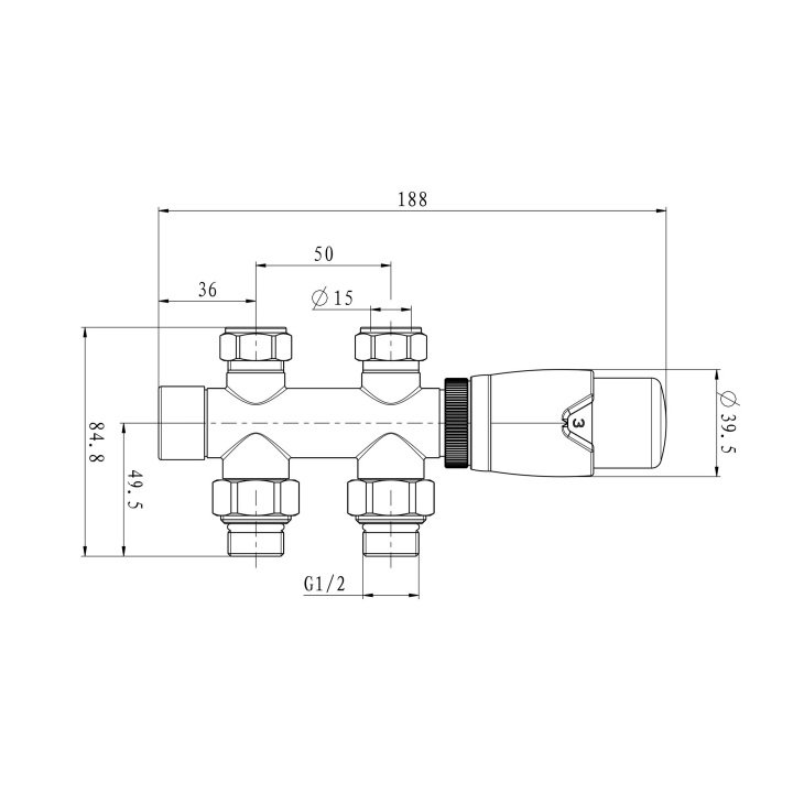 Eastbrook Thermostatic Twin inlet Straight Radiator Valve - Image 2