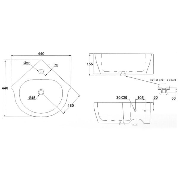 Eastbrook Wall Hung Corner Basin 450mm Wide 1 TH White - Image 2