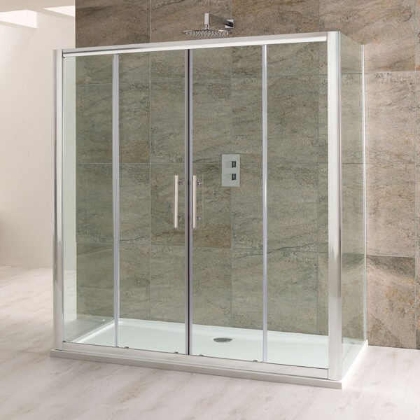 Eastbrook Volente Double Sliding Shower Door With Side Panel 6mm Clear Glass Chrome