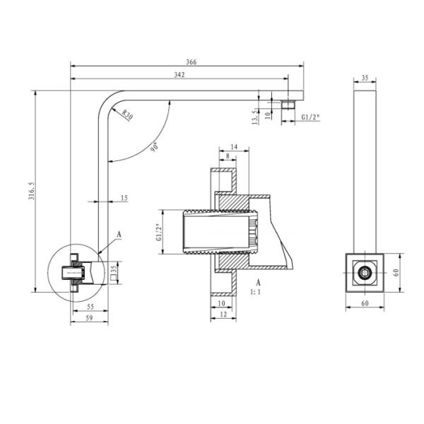 Eastbrook Square X Wall Mounted Shower Arm 370mm Long Chrome - Image 2