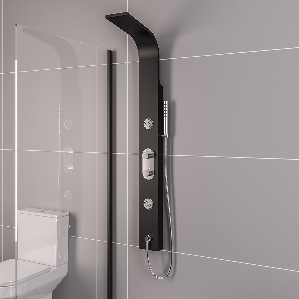Eastbrook Derwent Shower Panel With Thermostatic Valve, Body Jets, Round Shower Handset & Hose Chrome/Black