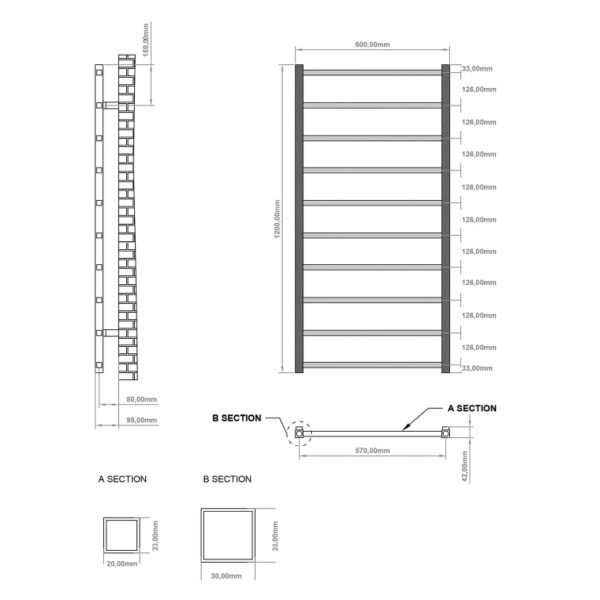Eastbrook Tuscan Square Straight Heated Towel Rail Chrome - Image 12
