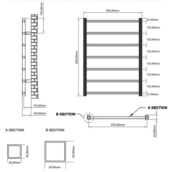 Eastbrook Tuscan Square Multirail Straight Heated Towel Rail Gloss White - Image 10