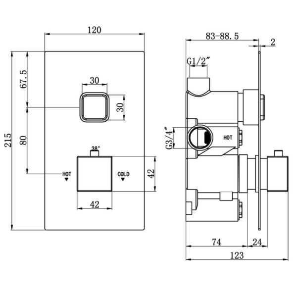 Eastbrook Square 1 Outlet Thermostatic Concealed Shower Valve With Single Push Button - Image 2