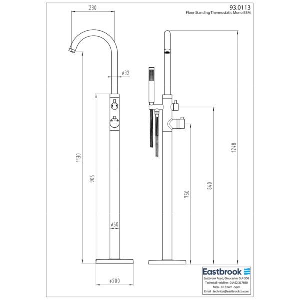 Eastbrook Floorstanding Thermostatic Mono Bath Shower Mixer Tap Chrome - Image 2