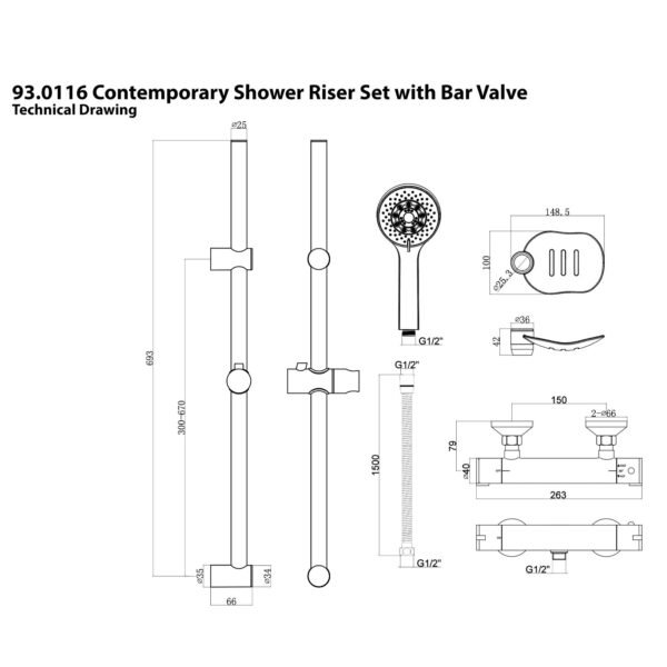 Eastbrook Thermostatic Bar Shower Mixer With Slide Rail Kit Chrome - Image 2