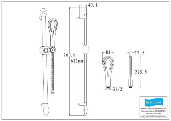 Eastbrook Needle Slide Riser Kit With Needle Shower Handset And Hose Chrome - Image 2