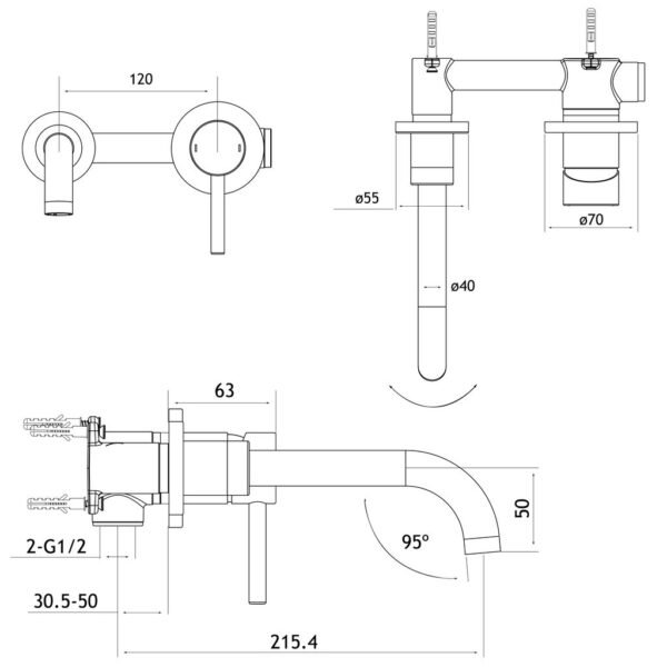 Eastbrook Meriden Wall Mounted Basin Mixer Tap With Curved Spout - Image 2