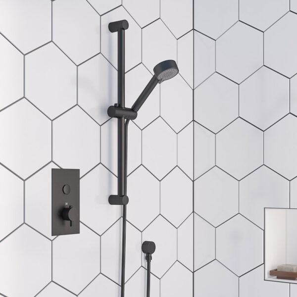 Eastbrook Push Button Concealed Shower Valve With Round Slide Riser Kit And Outlet Elbow Matt Smooth Black