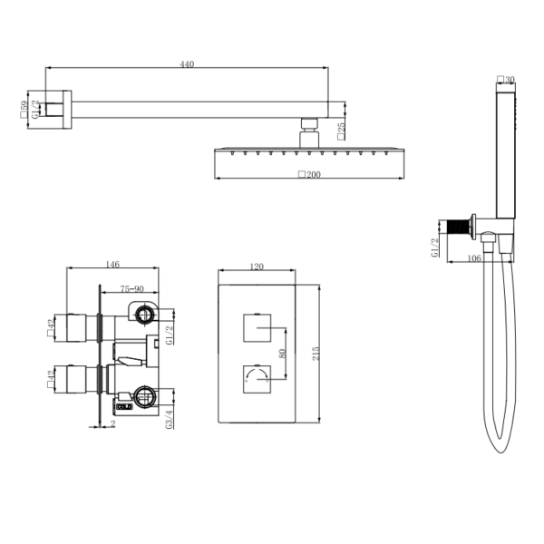 Eastbrook Square Thermostatic Concealed Shower Kit - Image 2
