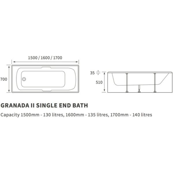 Trinity Linea Single Ended Straight Bath - 1700mm x 700mm - White - 2TH - White - Image 2