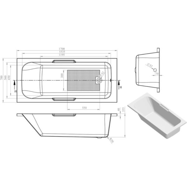 Trinity Revive Single Ended Supercast Gripped Straight Bath With Legs - 1700mm x 700mm - White