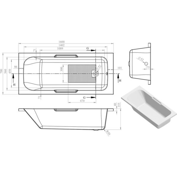 Trinity Revive Single Ended Gripped Straight Bath With Legs - White - Image 5
