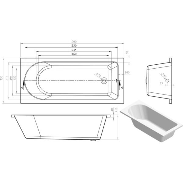Trinity Cascade Single Ended Bath With Legs - White - Image 10