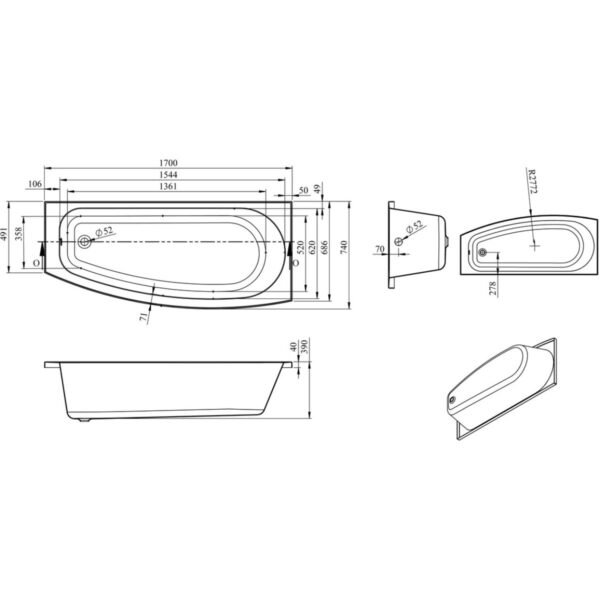 Trinity Bretton Space Saving Single Ended Bath With Legs - 1700mm x 740mm - White - Image 6
