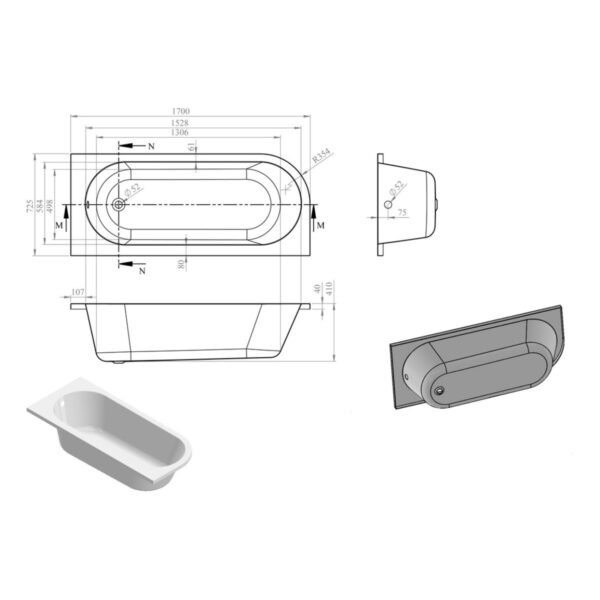 Trinity Mist J Shape Back To Wall Corner Bath with Legs - 1700mm - 725mm - White - Image 5