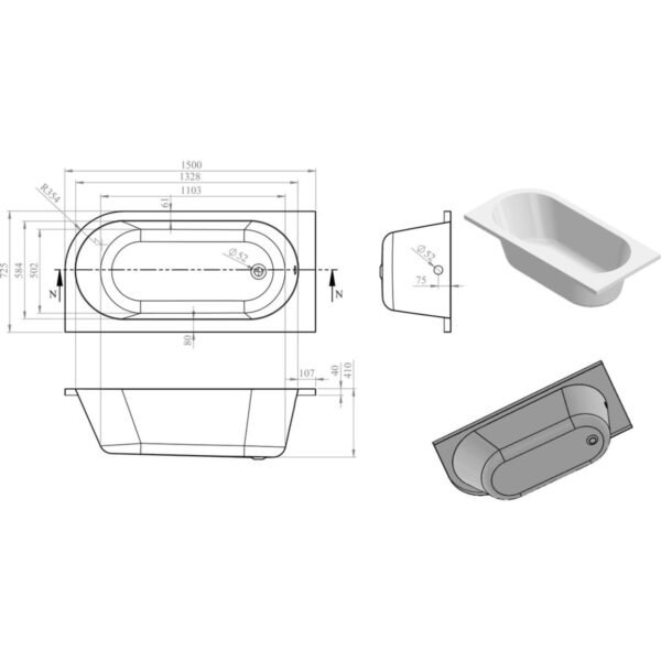 Trinity Mist J Shape Back To Wall Corner Bath with Legs - 1500mm - 725mm - White - Image 3