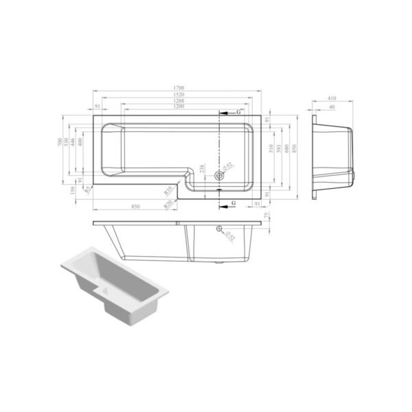 Trinity L-Shaped Single Ended Shower Bath - 1700mm x 850mm - White - Image 4