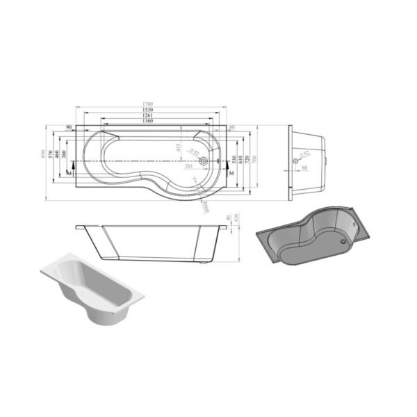 Trinity P-Shaped Single Ended Shower Bath - 1700mm x 850mm - White - Image 4