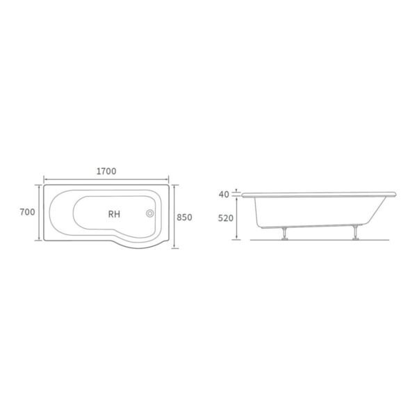 Trinity Lume P Shaped Single Ended Shower Bath - 1700mm x 850mm - White - Image 5