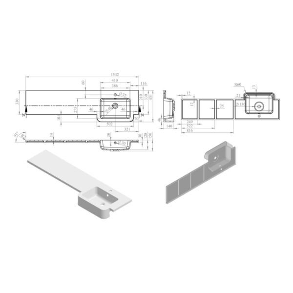 Trinity Wald 3 Drawer Combination Bathroom furniture - 1542mm Wide - Image 14