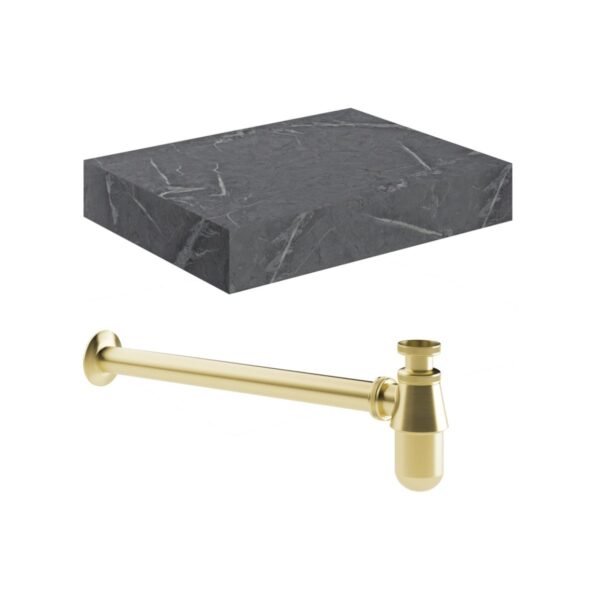 Trinity Real Wall Hung Basin Shelf With Brushed Brass Bottle Trap - 600mm Wide - Image 2
