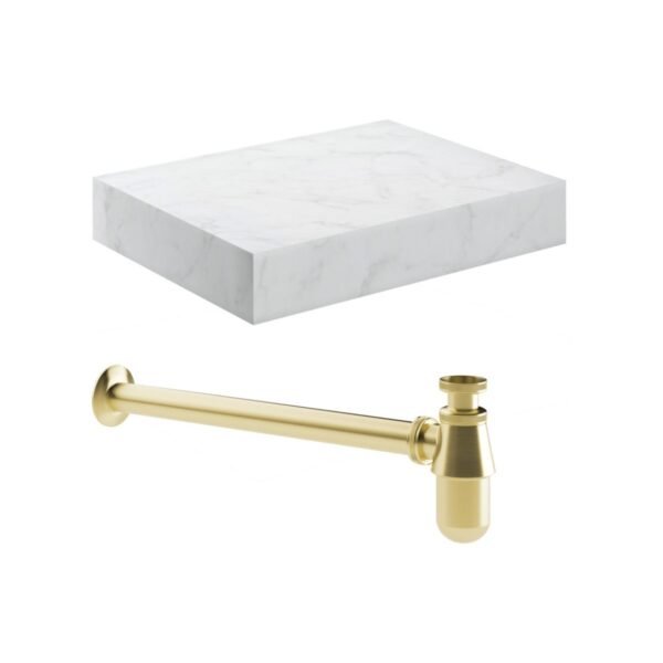 Trinity Real Wall Hung Basin Shelf With Brushed Brass Bottle Trap - 600mm Wide - Image 3