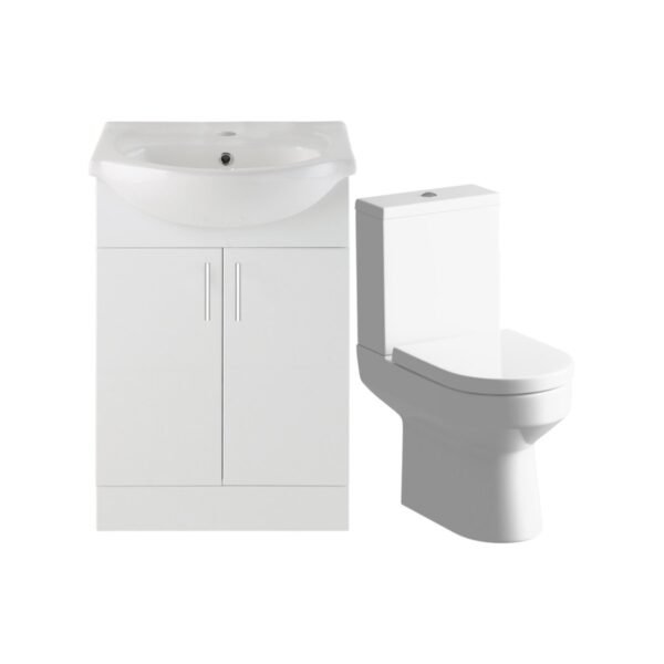 Trinity Whittle 550mm Wide 2 Door Floorstanding Vanity Unit With Close Coupled Toilet - White Gloss