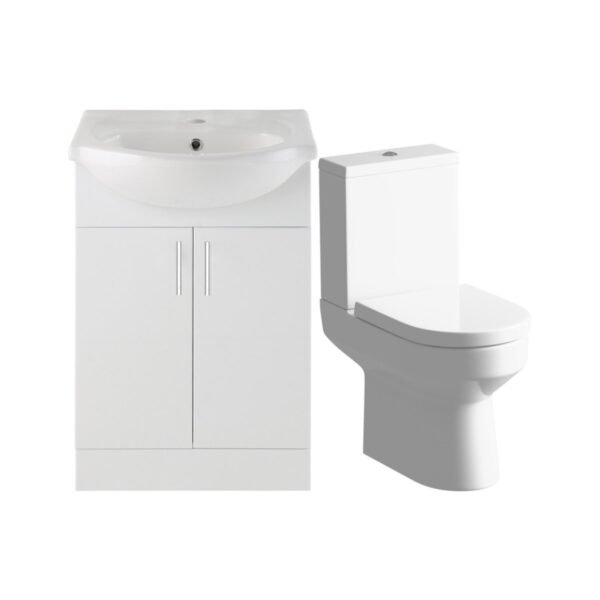 Trinity Whittle 650mm Wide 2 Door Floorstanding Vanity Unit With Close Coupled Toilet - White Gloss