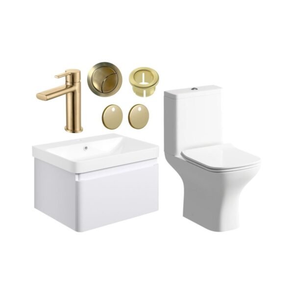 Trinity Wharfe Wall Hung Vanity Unit With Close Coupled Toilet & Brushed Brass Tap